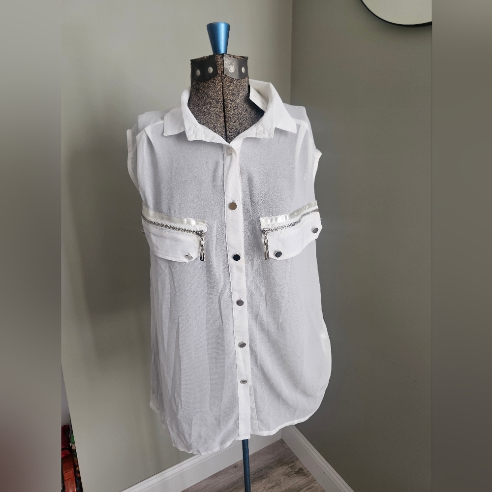 Sheer White Sleeveless color Button-Up Shirt